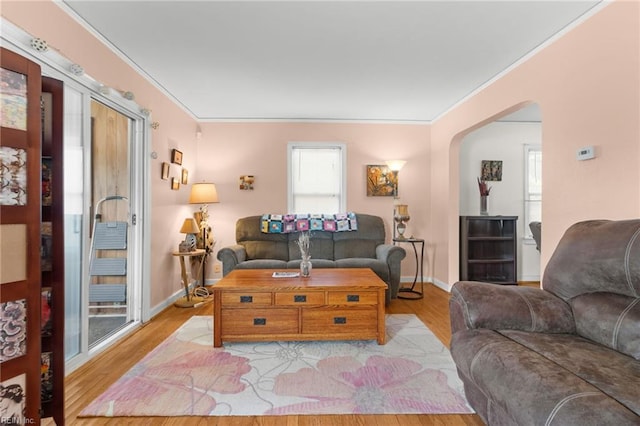 8048 Tidewater Dr, Norfolk, VA 23505 - living room with arched walkways, ornamental molding, light wood-type flooring, and plenty of natural light