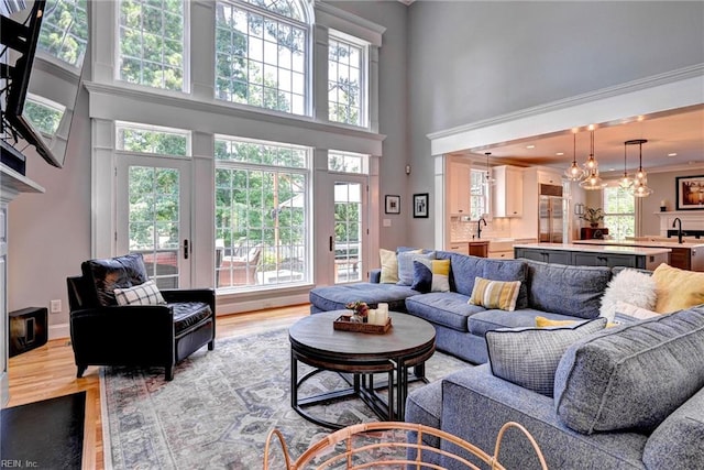 1808 John Hancock Rd, Williamsburg, VA 23185 - living room with a towering ceiling, light wood-style floors, and a chandelier
