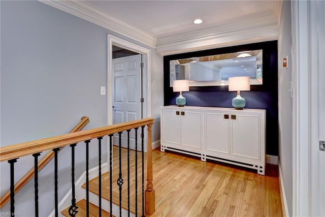 1808 John Hancock Rd, Williamsburg, VA 23185 - hall with light wood finished floors, ornamental molding, and recessed lighting