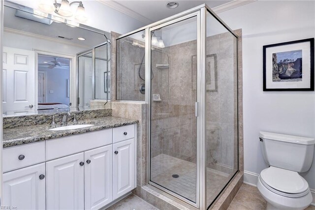 1808 John Hancock Rd, Williamsburg, VA 23185 - full bathroom featuring vanity, ornamental molding, a stall shower, connected bathroom, and tile patterned flooring