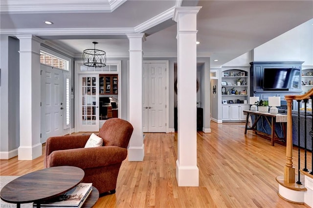 1808 John Hancock Rd, Williamsburg, VA 23185 - entryway featuring ornate columns, light wood-style flooring, ornamental molding, and recessed lighting
