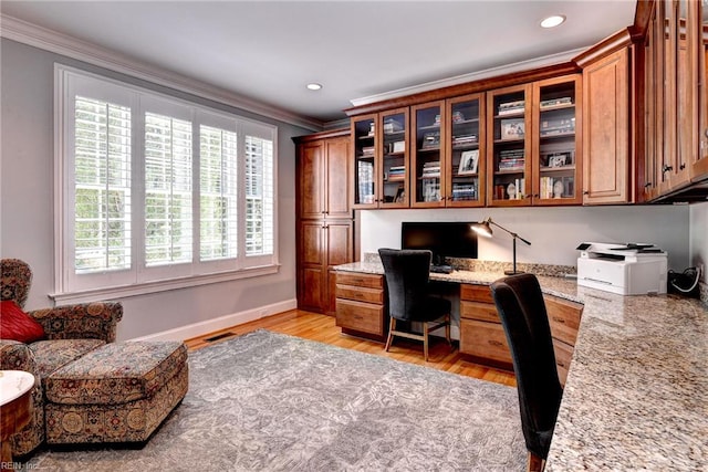 1808 John Hancock Rd, Williamsburg, VA 23185 - office with built in desk, ornamental molding, recessed lighting, and light wood finished floors