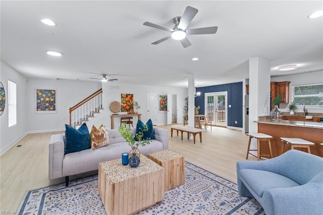 3520 S Warwick Cir, Norfolk, VA 23513 - living area with ceiling fan, stairway, light wood finished floors, and recessed lighting