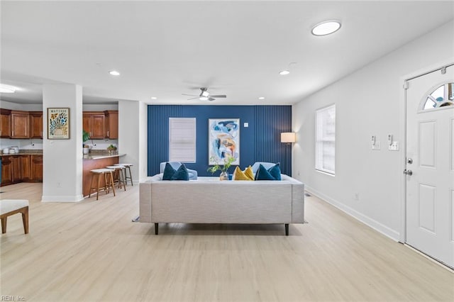 3520 S Warwick Cir, Norfolk, VA 23513 - living room featuring light wood-style flooring, ceiling fan, recessed lighting, and an accent wall
