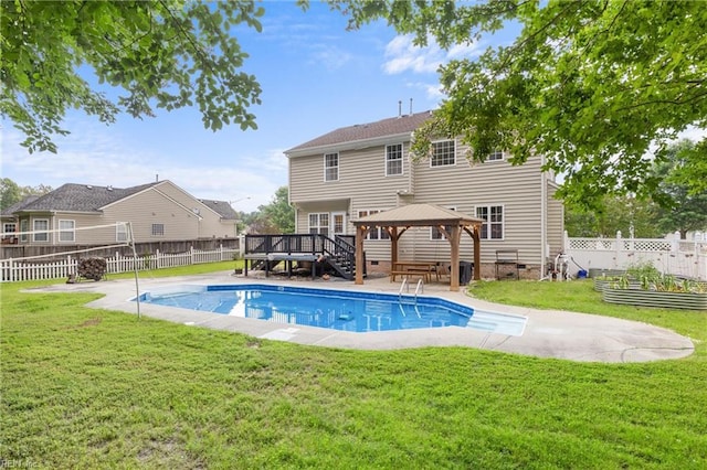 1028 Cathedral Dr, Suffolk, VA 23434 - view of swimming pool featuring a gazebo, a fenced backyard, a vegetable garden, a deck, and a patio area