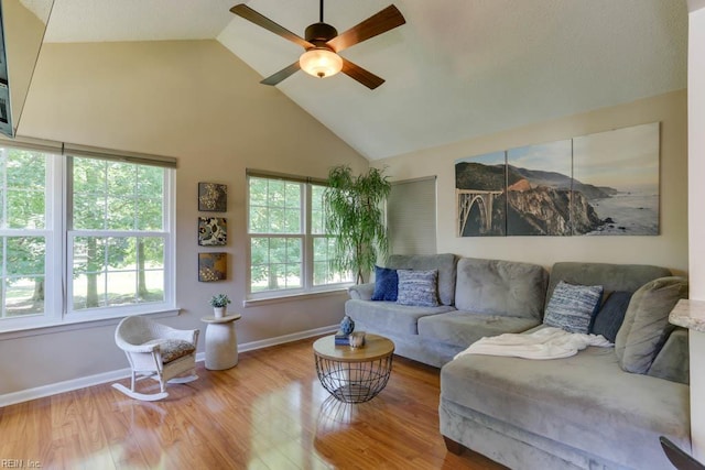 5225 Thatcher Way, Virginia Beach, VA 23456 - living room featuring ceiling fan, wood finished floors, and high vaulted ceiling