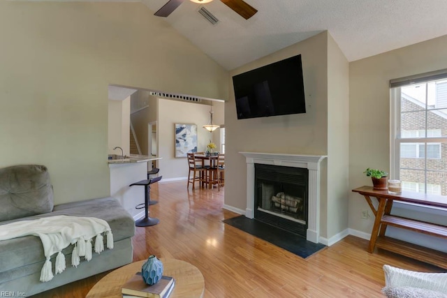 5225 Thatcher Way, Virginia Beach, VA 23456 - living area featuring vaulted ceiling, ceiling fan, light wood finished floors, and a fireplace with flush hearth