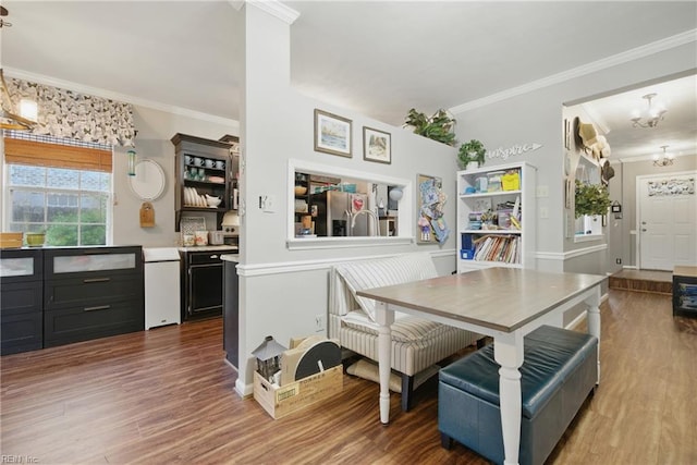 512 S Lake Cir, Chesapeake, VA 23322 - dining space with ornamental molding, wood finished floors, and a chandelier