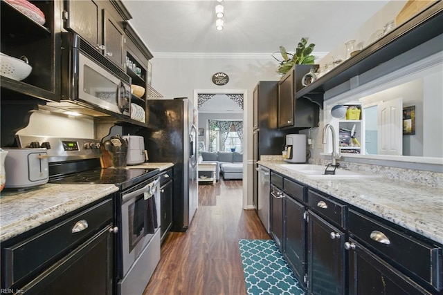 512 S Lake Cir, Chesapeake, VA 23322 - kitchen with stainless steel appliances, open shelves, crown molding, dark wood-type flooring, and light stone countertops