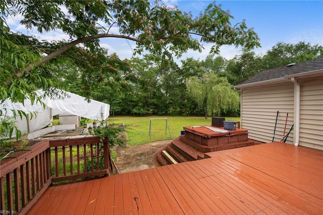 4400 Anchor Bend Ct, Chesapeake, VA 23321 - wooden deck featuring a lawn, view of wooded area, and a jacuzzi