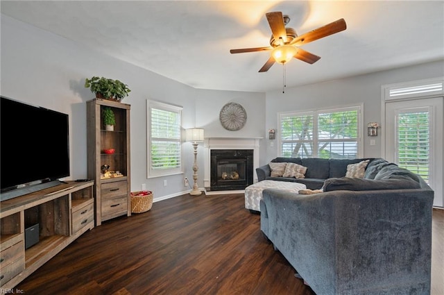 4400 Anchor Bend Ct, Chesapeake, VA 23321 - living room with dark wood finished floors, plenty of natural light, and ceiling fan