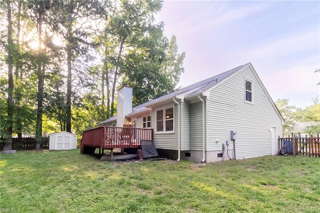2405 Broadnax Cir, Chesapeake, VA 23323 - rear view of property featuring a wooden deck, a storage shed, a chimney, and crawl space