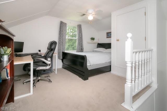 2405 Broadnax Cir, Chesapeake, VA 23323 - carpeted bedroom featuring lofted ceiling, a desk, and ceiling fan