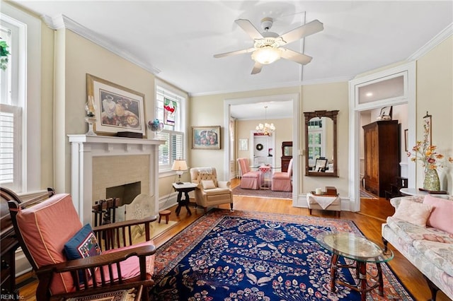 812 Stockley Gdns Unit 2, Norfolk, VA 23507 - living room featuring wood finished floors, ceiling fan, a fireplace, crown molding, and a chandelier