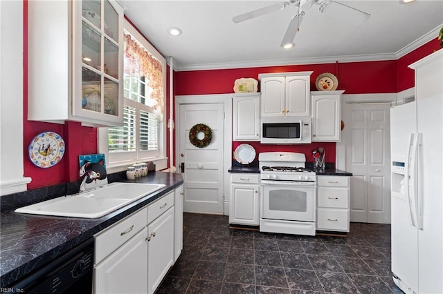 812 Stockley Gdns Unit 2, Norfolk, VA 23507 - kitchen featuring white appliances, dark countertops, glass insert cabinets, white cabinets, and crown molding