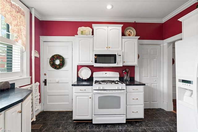 812 Stockley Gdns Unit 2, Norfolk, VA 23507 - kitchen featuring white appliances, dark countertops, white cabinetry, and crown molding