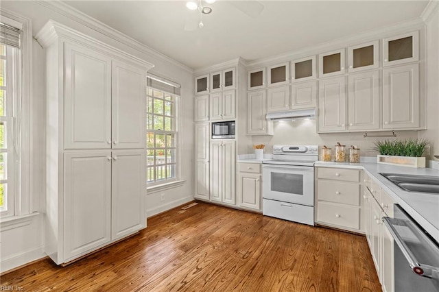 417 Peace Haven Dr, Norfolk, VA 23502 - kitchen featuring white electric range, dishwasher, built in microwave, under cabinet range hood, and white cabinetry