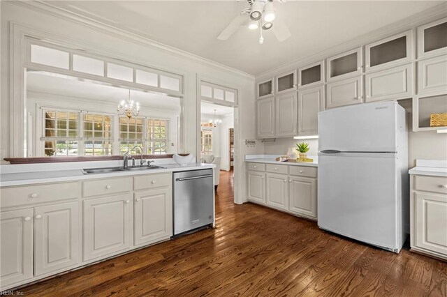 417 Peace Haven Dr, Norfolk, VA 23502 - kitchen with freestanding refrigerator, stainless steel dishwasher, a chandelier, a ceiling fan, and dark wood finished floors
