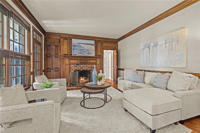 417 Peace Haven Dr, Norfolk, VA 23502 - living area with crown molding, wood finished floors, and a brick fireplace