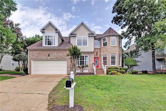 3248 Windsor Rdg, Williamsburg, VA 23188 - view of front facade featuring concrete driveway, brick siding, a front lawn, and a garage