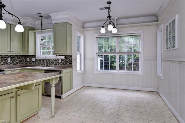 3248 Windsor Rdg, Williamsburg, VA 23188 - kitchen featuring stainless steel dishwasher, green cabinetry, wainscoting, decorative light fixtures, and crown molding