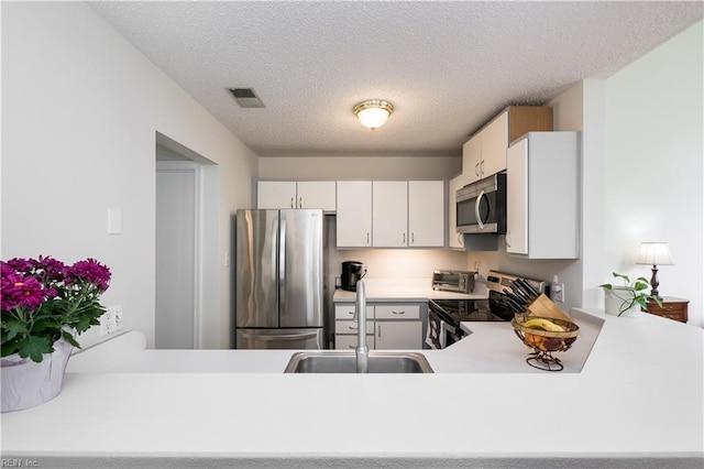 5088 Heathglen Cir, Virginia Beach, VA 23456 - kitchen with appliances with stainless steel finishes, light countertops, a peninsula, white cabinetry, and a textured ceiling