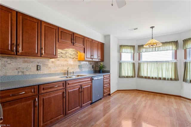 1121 Millay Ct, Virginia Beach, VA 23454 - kitchen featuring stainless steel dishwasher, tasteful backsplash, light wood-style flooring, hanging light fixtures, and ceiling fan