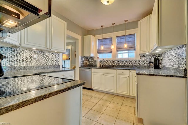 1357 Buckingham Ave, Norfolk, VA 23508 - kitchen with stainless steel dishwasher, range hood, decorative backsplash, white cabinets, and light tile patterned floors