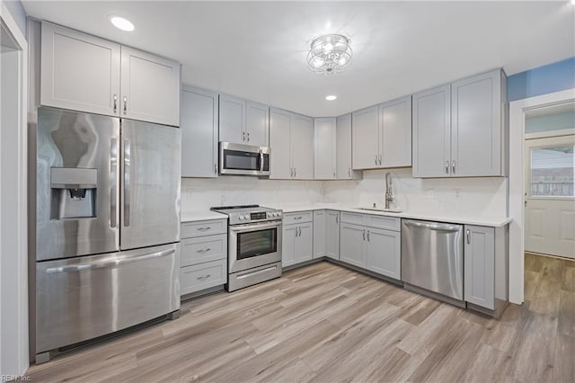 3332 Lusk St, Virginia Beach, VA 23464 - kitchen featuring appliances with stainless steel finishes, gray cabinetry, light wood-type flooring, light countertops, and recessed lighting