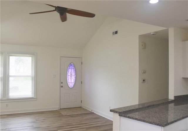 1910 N Lakeland Dr, Norfolk, VA 23518 - foyer entrance with a ceiling fan, wood finished floors, vaulted ceiling, and recessed lighting