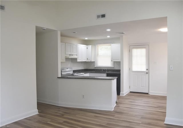1910 N Lakeland Dr, Norfolk, VA 23518 - kitchen with white range with electric cooktop, under cabinet range hood, dark countertops, white cabinets, and wood finished floors
