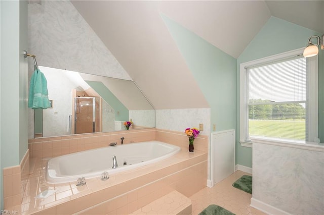1040 Sanderson Rd, Chesapeake, VA 23322 - full bathroom with a bath, lofted ceiling, a stall shower, and tile patterned floors