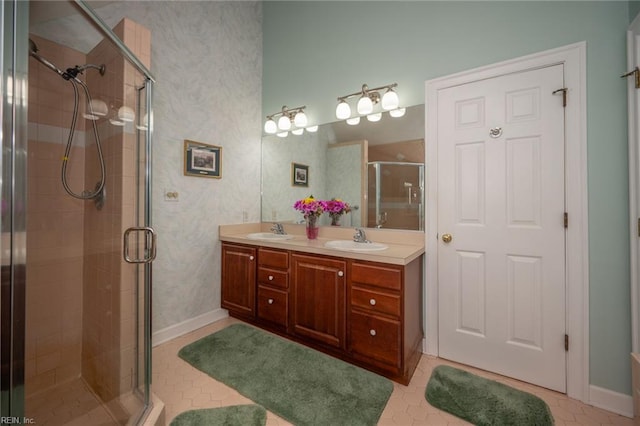 1040 Sanderson Rd, Chesapeake, VA 23322 - bathroom featuring a shower stall, double vanity, and tile patterned flooring