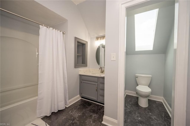 1040 Sanderson Rd, Chesapeake, VA 23322 - bathroom with marble look tiles, vanity, shower / bath combination with curtain, and lofted ceiling