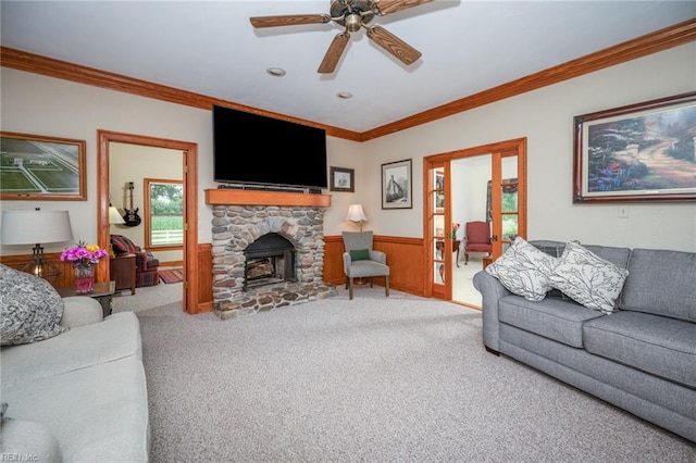 1040 Sanderson Rd, Chesapeake, VA 23322 - living room with carpet flooring, a wainscoted wall, crown molding, and ceiling fan