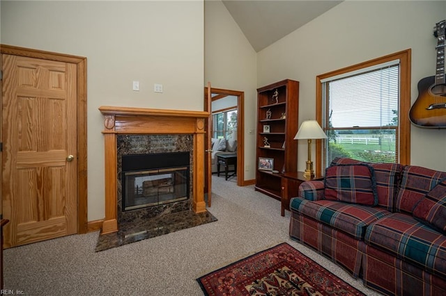 1040 Sanderson Rd, Chesapeake, VA 23322 - living room featuring carpet floors, a fireplace, and high vaulted ceiling