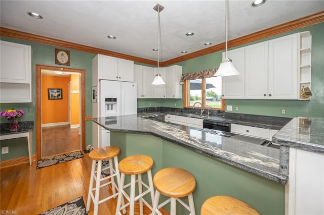 1040 Sanderson Rd, Chesapeake, VA 23322 - kitchen featuring black dishwasher, white cabinetry, white fridge with ice dispenser, ornamental molding, and open shelves