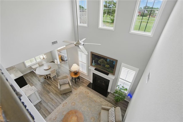 1041 Whitburn Ter, Chesapeake, VA 23322 - living room with a towering ceiling, plenty of natural light, a fireplace with flush hearth, ceiling fan, and wood finished floors