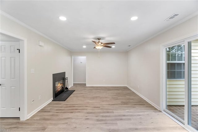 2001 Blackwell Ct, Virginia Beach, VA 23464 - unfurnished living room with crown molding, a ceiling fan, recessed lighting, light wood-style flooring, and a fireplace with flush hearth