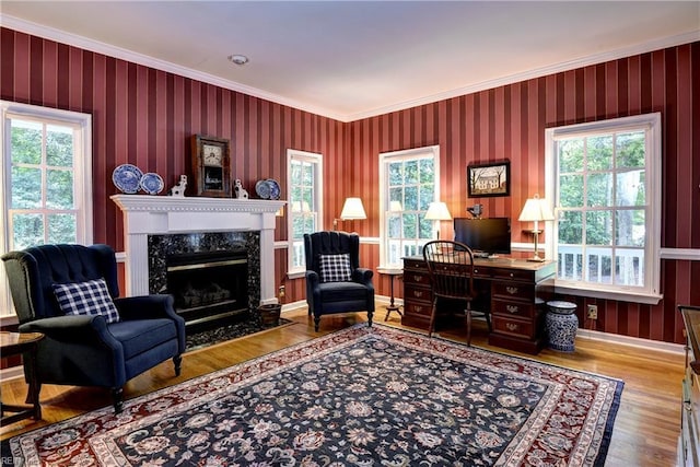 8265 Wrenfield Dr, Williamsburg, VA 23188 - office featuring crown molding, wood finished floors, a premium fireplace, and wallpapered walls