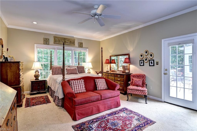 8265 Wrenfield Dr, Williamsburg, VA 23188 - bedroom with access to outside, carpet flooring, ornamental molding, a ceiling fan, and recessed lighting