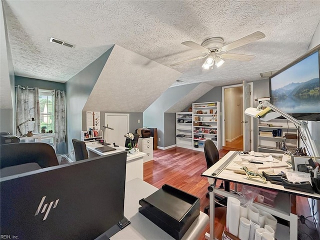 102 Canvasback Trl, Newport News, VA 23602 - office space with a textured ceiling, ceiling fan, wood finished floors, and lofted ceiling