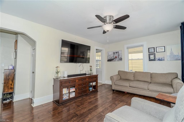 325 E Lorengo Ave, Norfolk, VA 23503 - living area featuring hardwood / wood-style flooring, a ceiling fan, and arched walkways