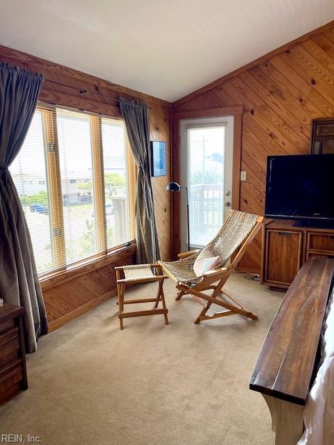 3225 Sandfiddler Rd, Virginia Beach, VA 23456 - sitting room with wood walls, light carpet, and lofted ceiling