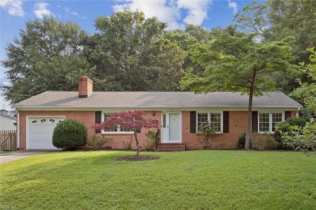 4 Everett Dr, Newport News, VA 23602 - ranch-style house featuring a garage, a chimney, brick siding, concrete driveway, and entry steps
