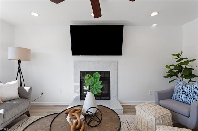 922 Old Virginia Beach Rd, Virginia Beach, VA 23451 - living room with ceiling fan, wood finished floors, a high end fireplace, and recessed lighting