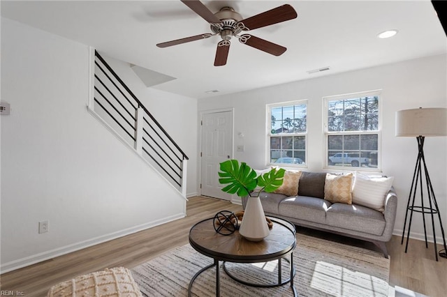 922 Old Virginia Beach Rd, Virginia Beach, VA 23451 - living room featuring stairway, light wood-style flooring, ceiling fan, and recessed lighting