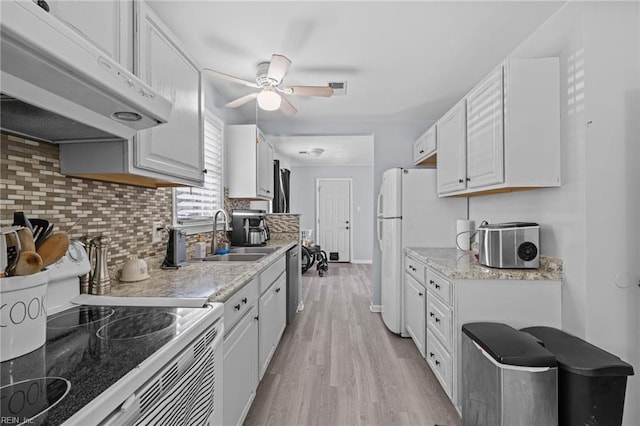 3256 Deer Park Dr, Virginia Beach, VA 23452 - kitchen featuring white appliances, under cabinet range hood, white cabinetry, and light wood finished floors