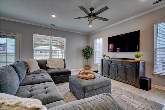 1928 Bexley Ln, Chesapeake, VA 23322 - living room featuring plenty of natural light, light wood finished floors, ceiling fan, ornamental molding, and recessed lighting