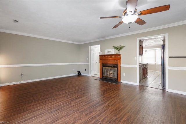 1206 Mabry Mill Pl, Chesapeake, VA 23320 - unfurnished living room featuring wood finished floors, a ceiling fan, a glass covered fireplace, and crown molding